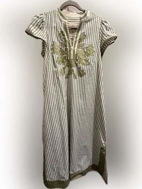 Umgee White and Green Striped Embroidered Cotton Dress